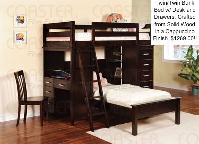 white bunk bed with stairs and desk