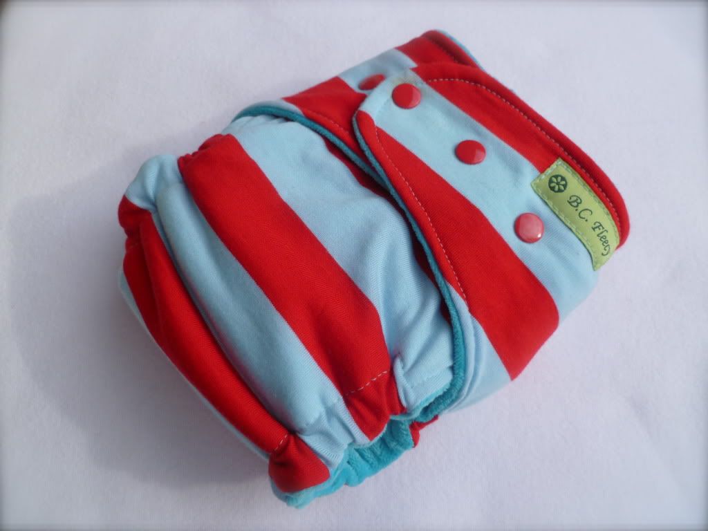 OS Bamboo Fitted Diaper with snaps "RED AQUA STRIPE"
